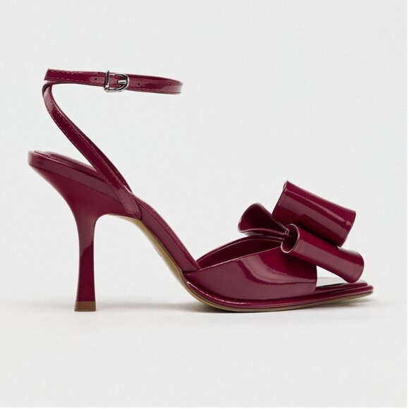 Zara Patent Leather Effect Bow Heel Sandal NWT Strawberry Red Size 37/ 6.5 - Picture 3 of 10
